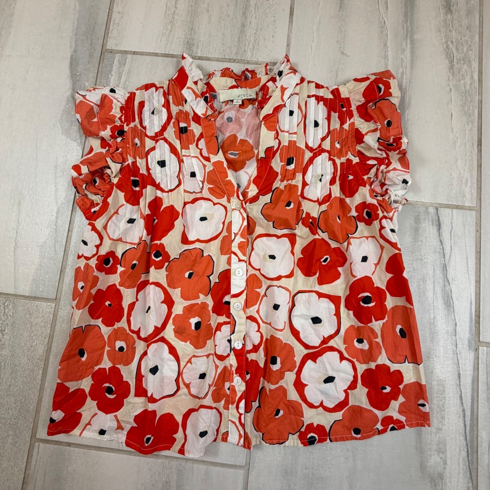 Pinch Flutter Sleeve Floral Button Down Blouse Red Orange Poppy Print 4204T L